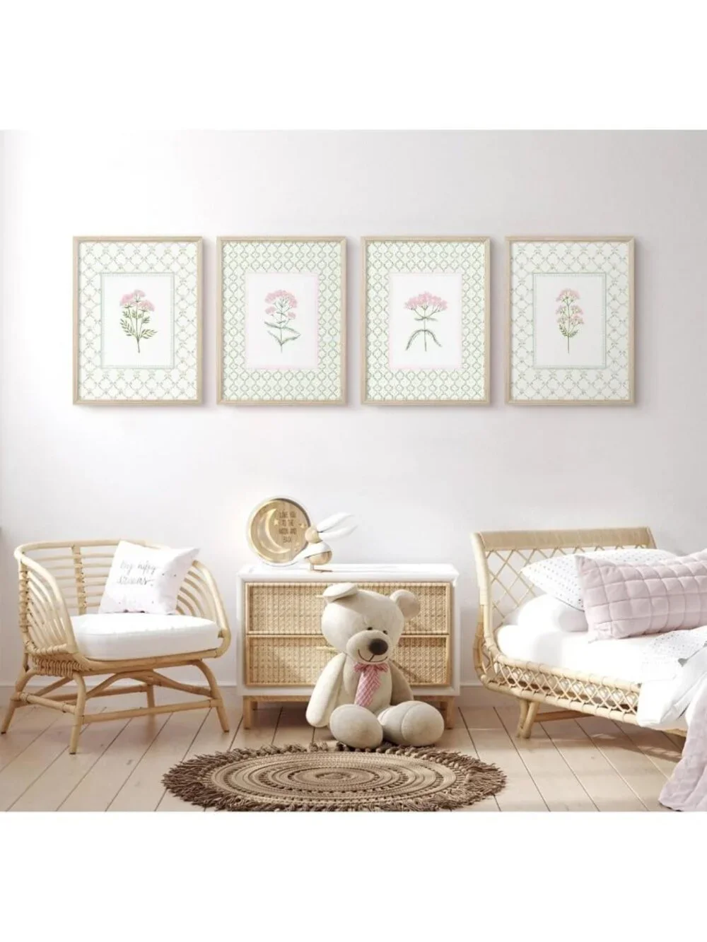 Floral Wall Art for Nursery - Wildflower Canvas Decor, Pink Green Watercolor